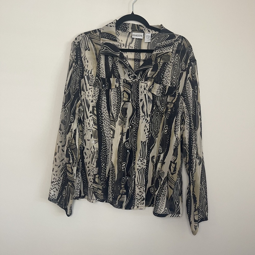 Chico's Silk Abstract Print Top Women's Black Beige Artsy Blouse Lightweight